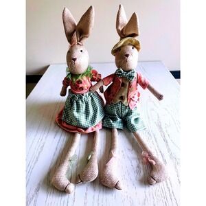Adorable Easter Spring Bunny Couple Stuffed Figurines Green Pink Floral